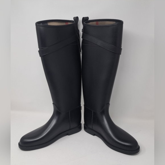 Burberry Women's Rain Boots Knee High Equestrian Black Belt Italy 36 EU 6 US - Picture 11 of 13